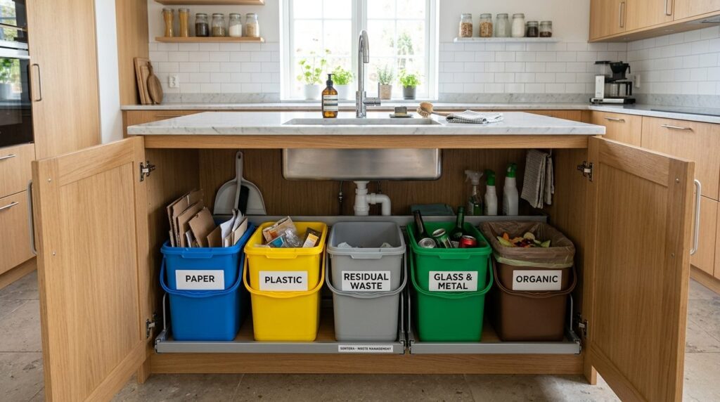 Wide angle view of complete under-sink waste sorting system 