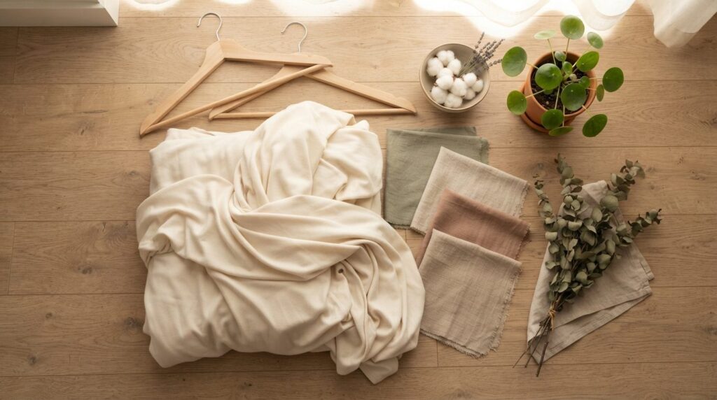 Flat lay overhead shot of sustainable bedroom textiles featu