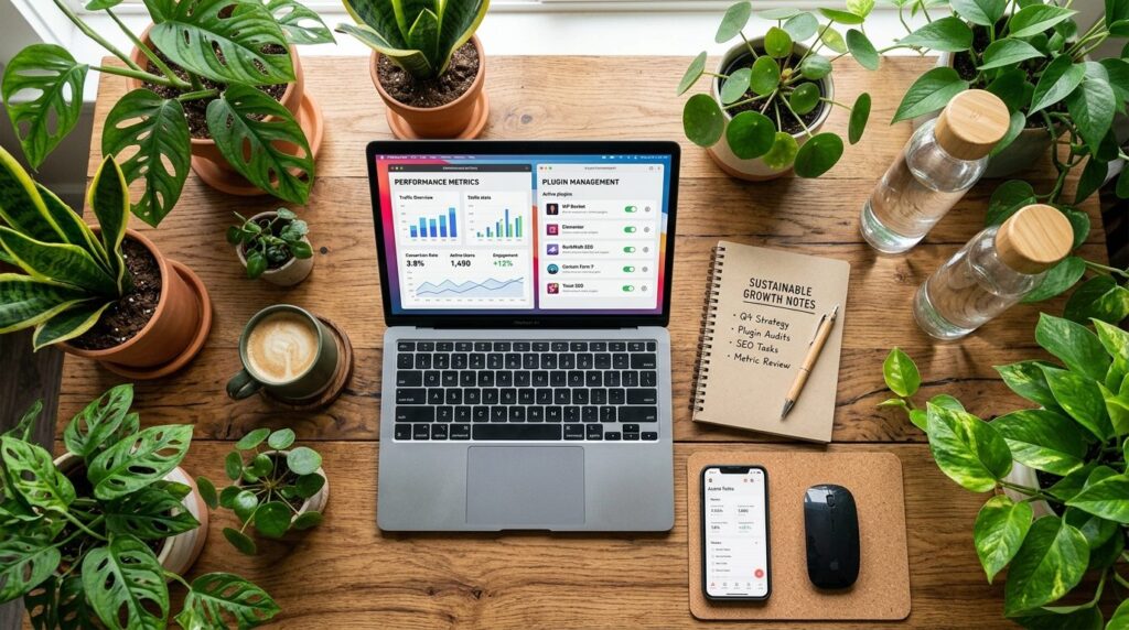Overhead flat lay professional photo of sustainable business