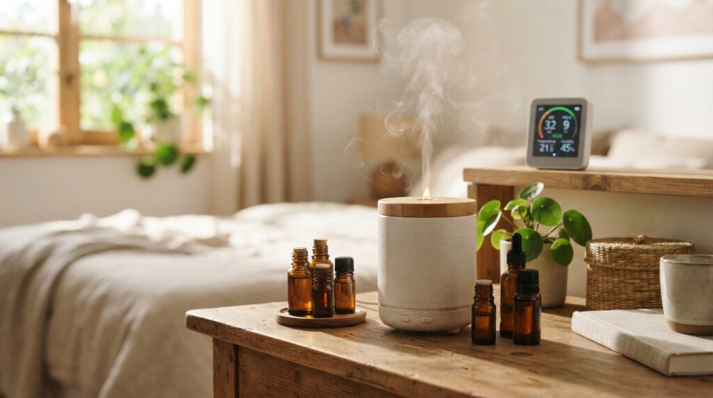 Close-up view of essential oil bottles and diffuser with vis