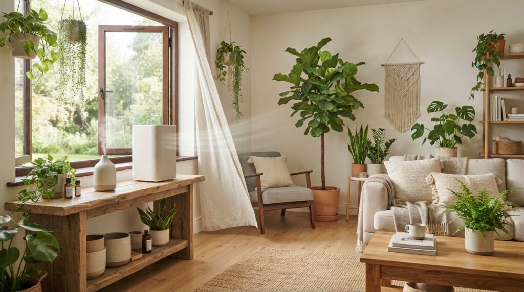 Modern eco-friendly home interior with air purifier running 