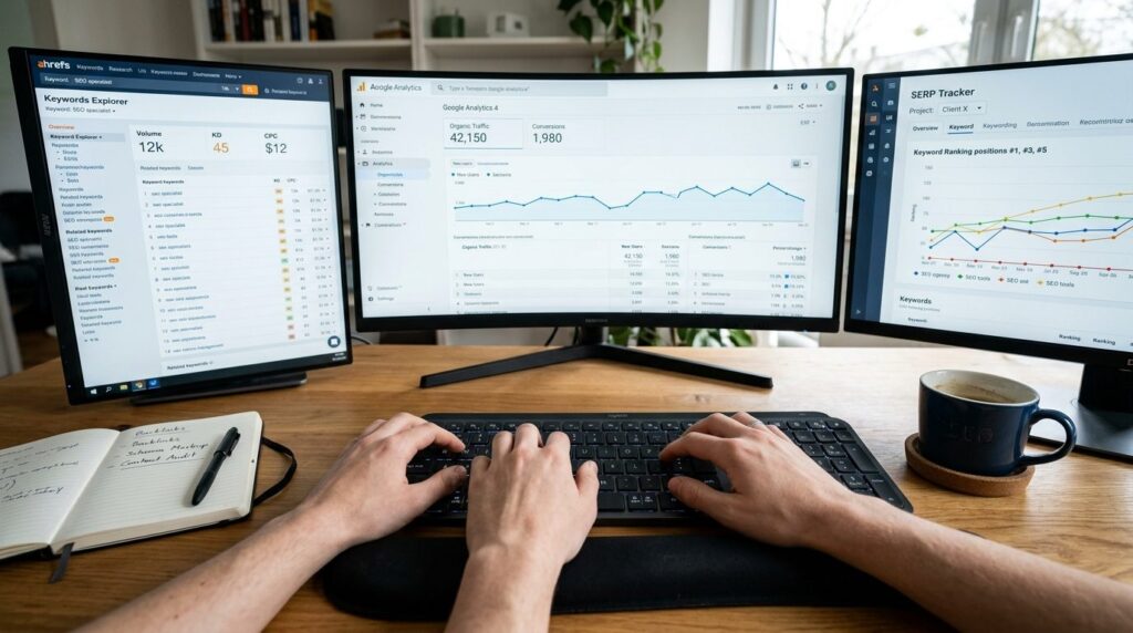 Close-up of SEO specialists hands typing on keyboard while 