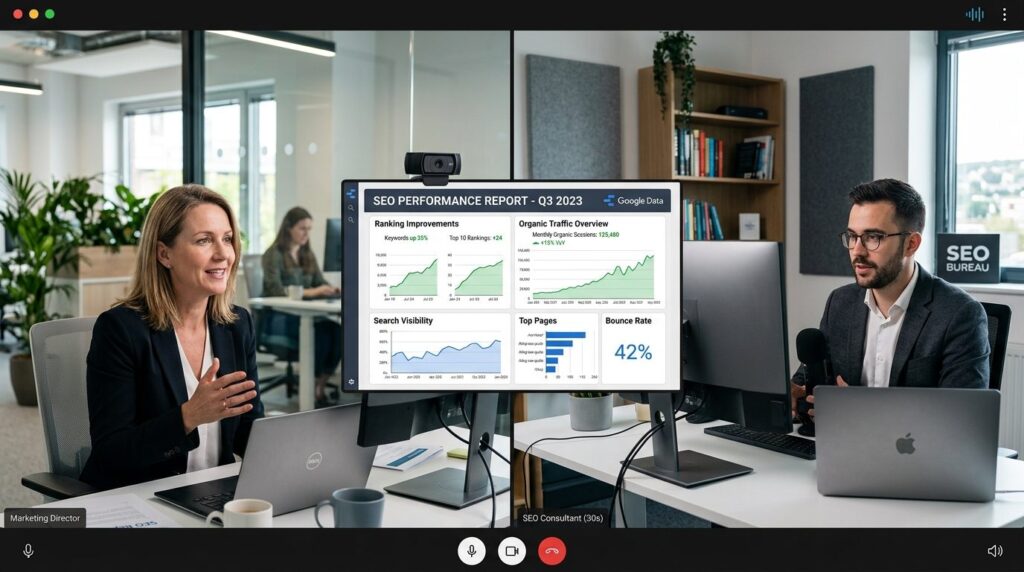 Marketing director reviewing SEO performance report with ext