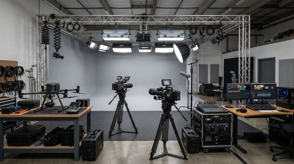 Wide shot of complete video production setup in studio: mult