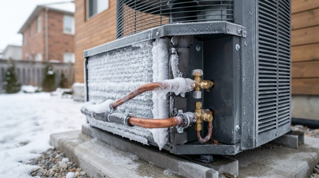 Close-up technical photography of heat pump outdoor unit wit