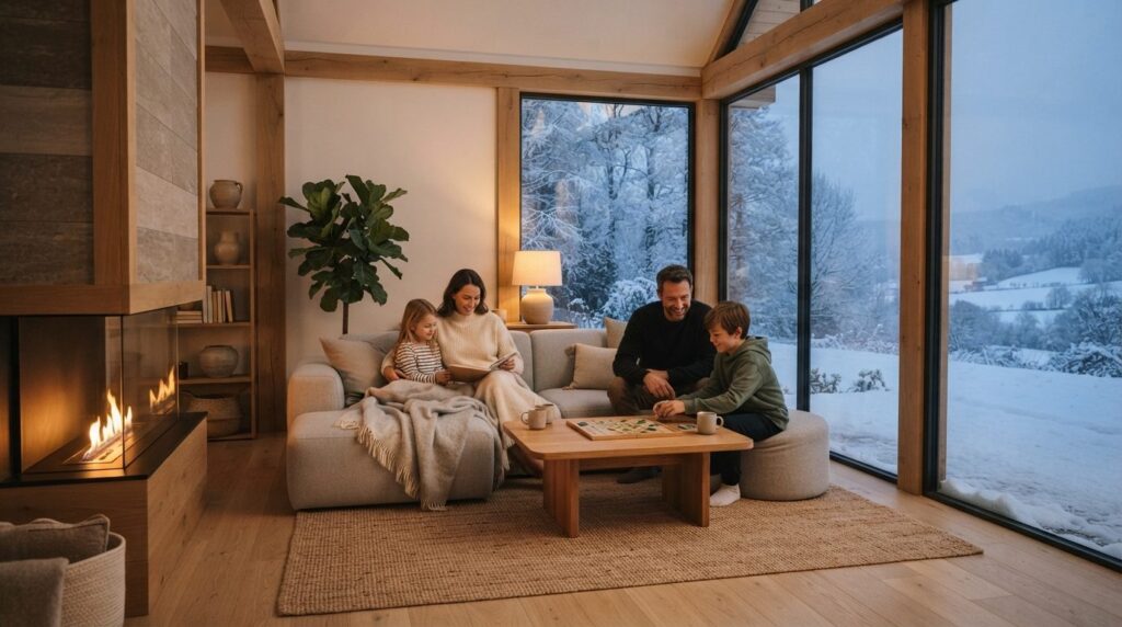 Interior shot of modern minimalist living room with warm amb