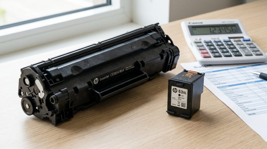 Lasertoner og inkjet-blækpatroner holdt op til hinanden til sammenligning.