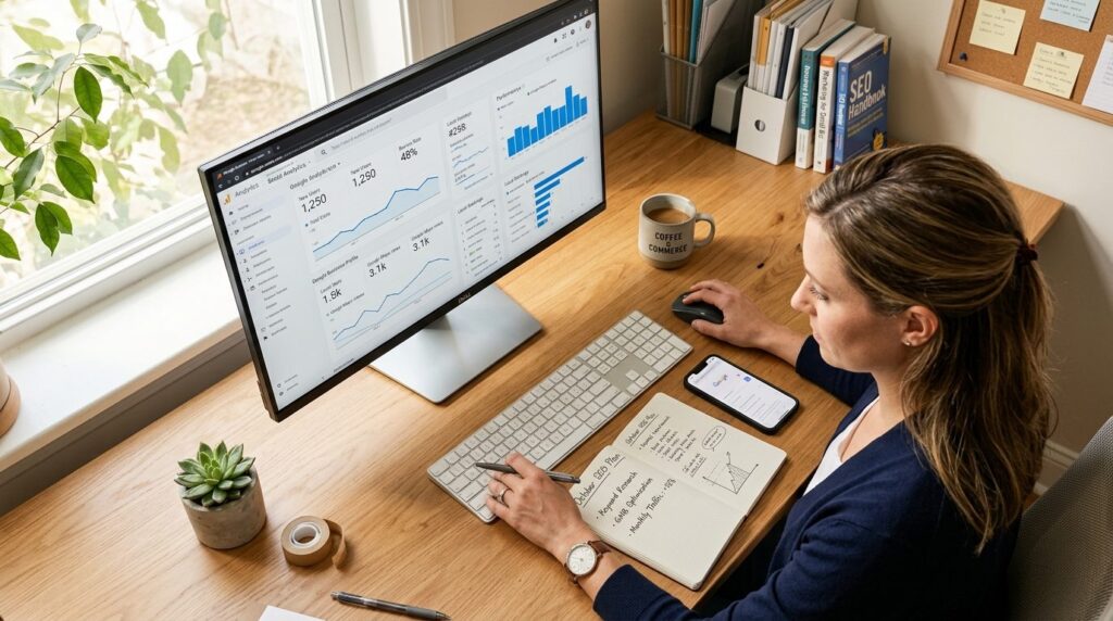 Overhead view of a small business owner reviewing website an
