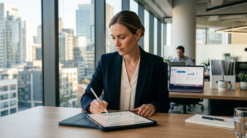 Businesswoman at desk signing digital document on touchscree