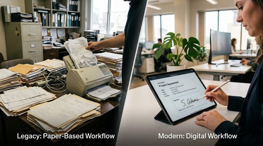 Digital transformation workflow visualization, split-screen 