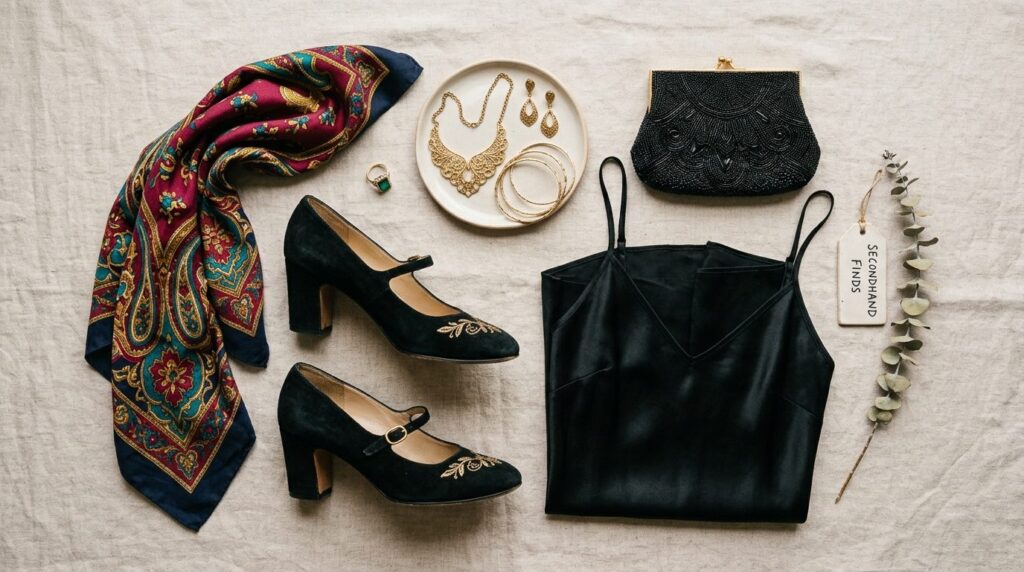 Flat lay photography of a complete sustainable party outfit 