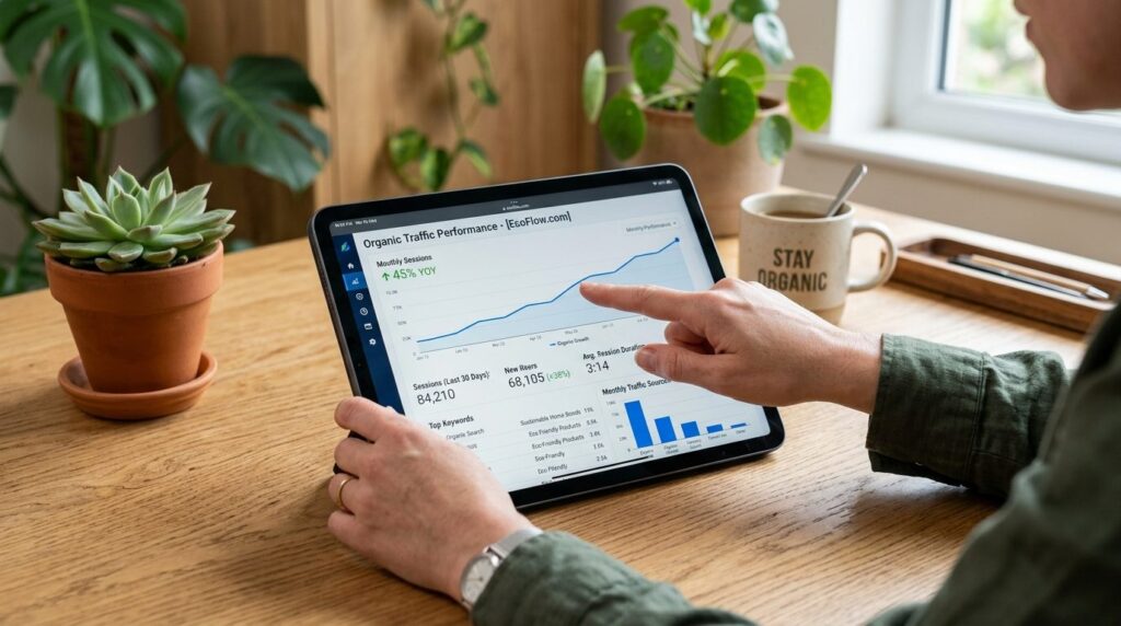 Hænder peger på tablet-skærm med organiske søgeresultater.