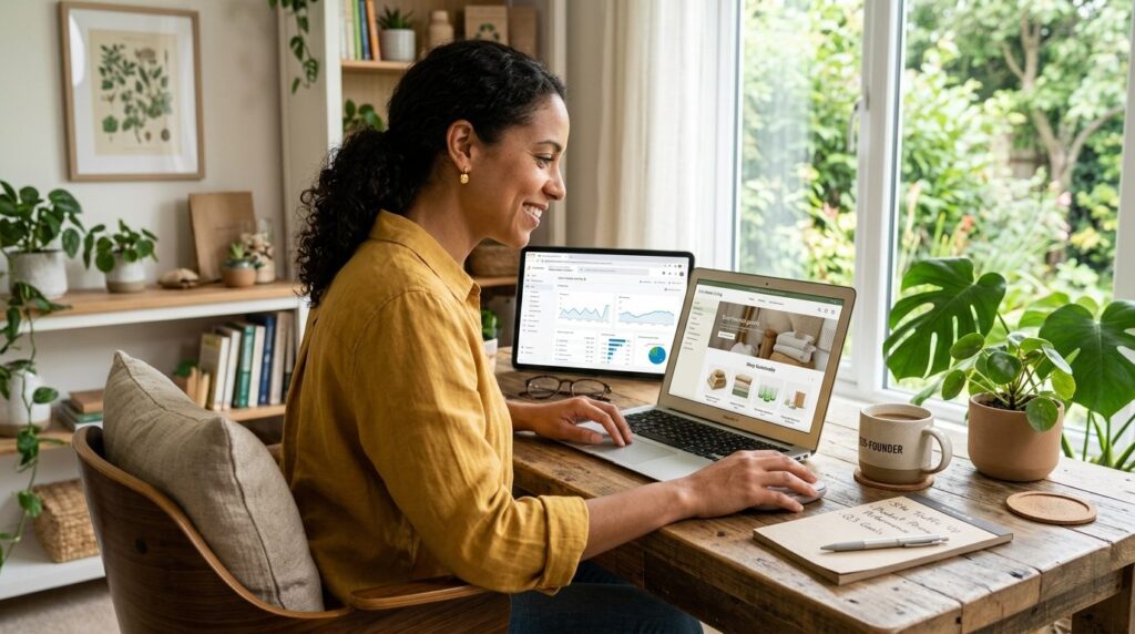 Kvinde arbejder ved skrivebord med bærbar computer i hjemmekontor.