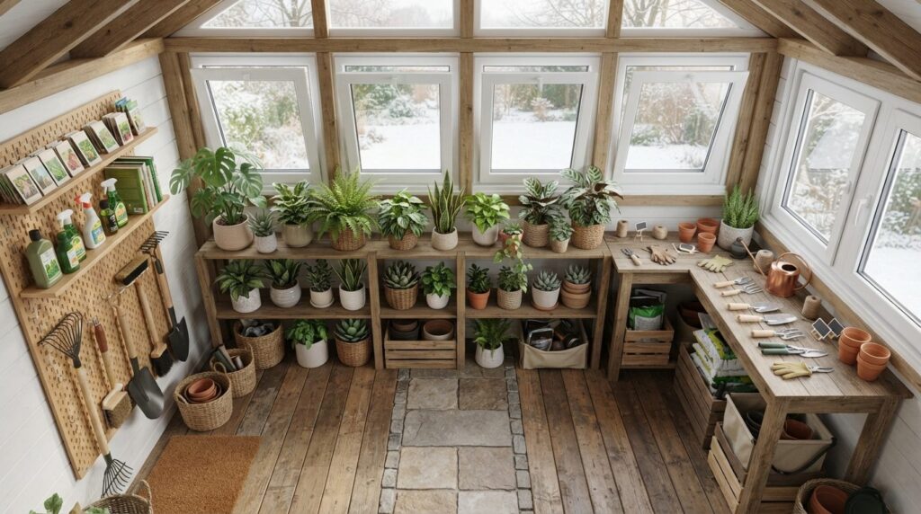 Professional overhead view of an organized garden shed inter