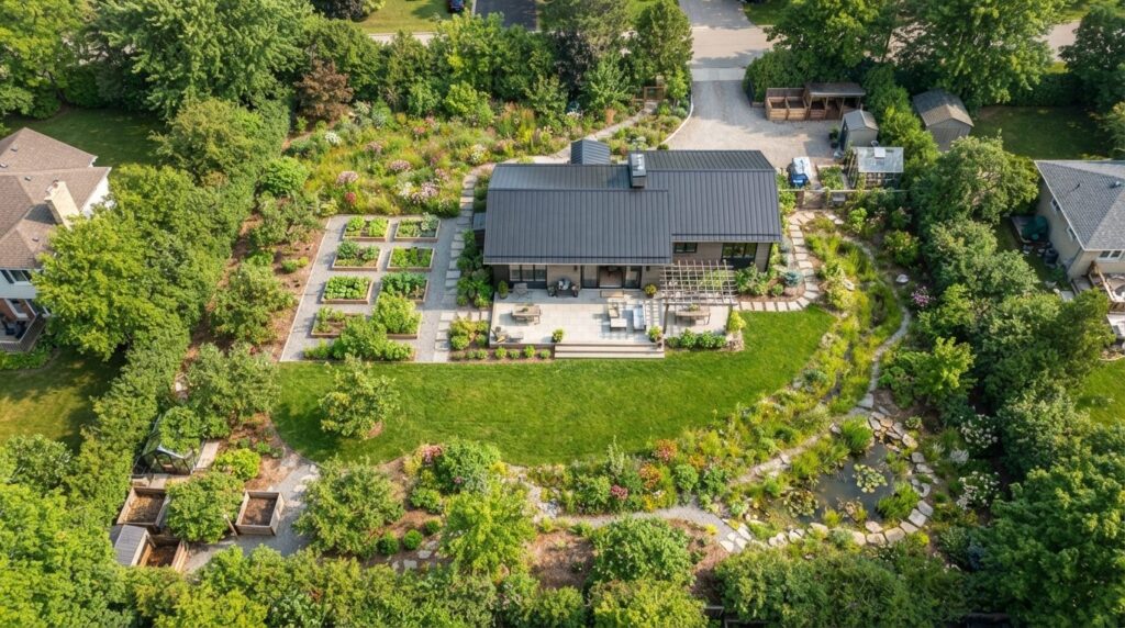 Aerial view of a planned sustainable residential garden layo