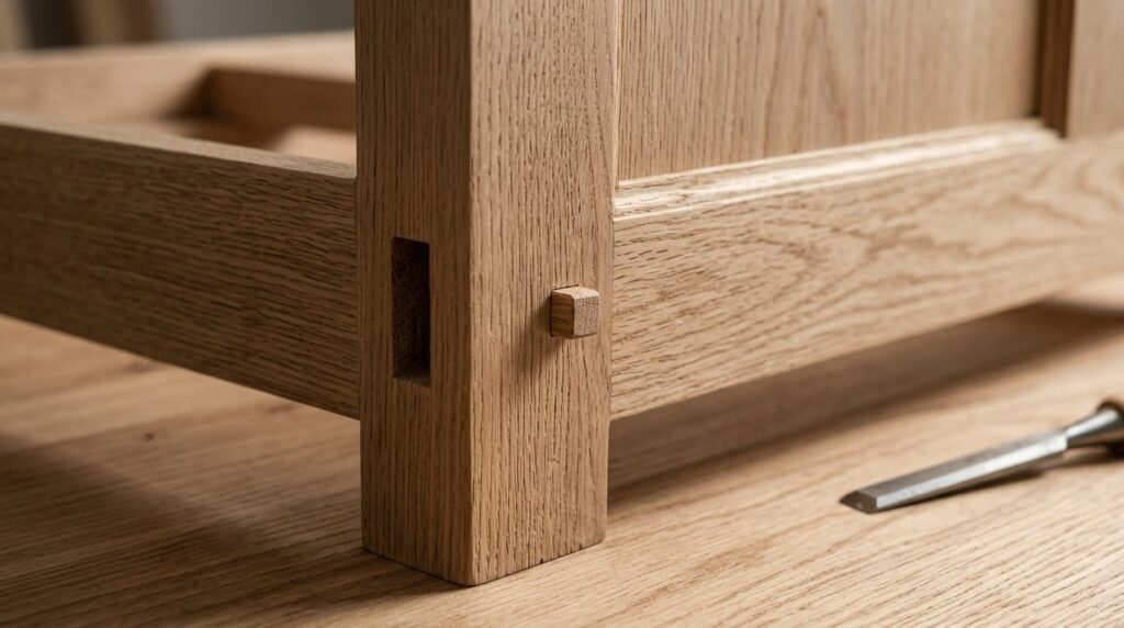 Close-up photorealistic detail shot of solid wood kitchen ca