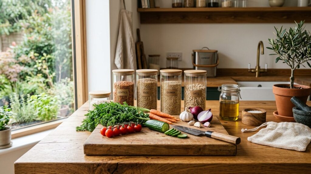Photorealistic image of a sustainable kitchen workspace feat