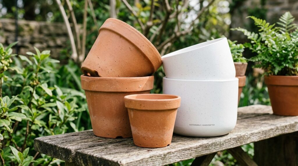 Nærbillede af lette krukker i terracotta og hvid.