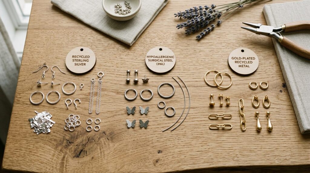 Eco-friendly sustainable earring materials laid out flat inc