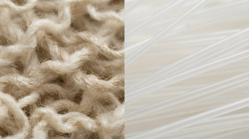Close-up macro photography of wool fiber texture versus acry